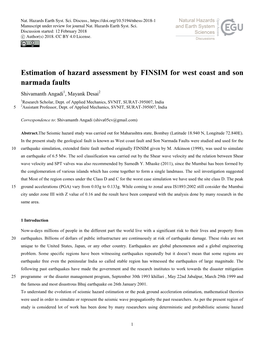 Estimation of Hazard Assessment by FINSIM for West Coast and Son Narmada Faults Shivamanth Angadi1, Mayank Desai2 1Research Scholar, Dept