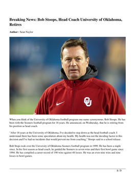 Bob Stoops, Head Coach University of Oklahoma, Retires