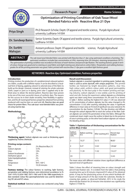 Research Paper Home Science Optimization of Printing Condition of Oak Tasar/Wool Blended Fabrics with Reactive Blue 21 Dye