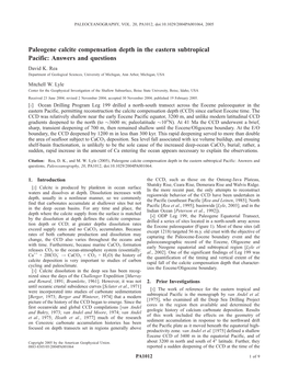 Paleogene Calcite Compensation Depth in the Eastern Subtropical Pacific: Answers and Questions David K