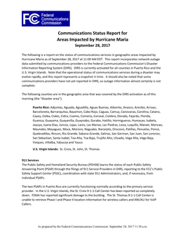 Communications Status Report for Areas Impacted by Hurricane Maria September 28, 2017