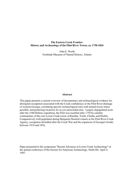 The Eastern Creek Frontier: History and Archaeology of the Flint River Towns, Ca. 1750-1826. Paper