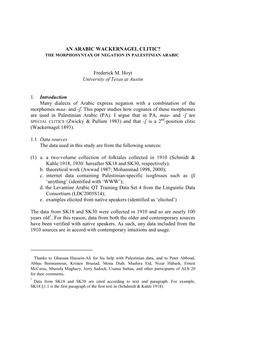 An Arabic Wackernagel Clitic? ∗ the Morphosyntax of Negation in Palestinian Arabic ∗∗