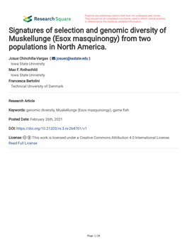 Signatures of Selection and Genomic Diversity of Muskellunge (Esox Masquinongy) from Two Populations in North America