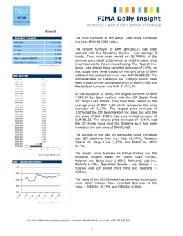 FIMA Daily Insight in FOCUS – BANJA LUKA STOCK EXCHANGE