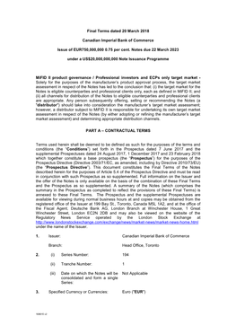 Final Terms Dated 20 March 2018 Canadian Imperial Bank Of