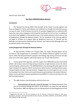 1 Date of Issue: 28 Jul 2020 Fact Sheet: NDP2020 Anthem Moment Introduction 1. the National Day Parade (NDP) 2020 Strength of Ou