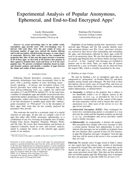 Experimental Analysis of Popular Anonymous, Ephemeral, and End-To-End Encrypted Apps∗