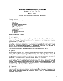 The Programming Language Oberon Revision 1.10.2013 / 3.5.2016 Niklaus Wirth Make It As Simple As Possible, but Not Simpler