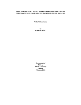 Body, Disease and Late Ottoman Literature: Debates on Ottoman Muslim Family in the Tanzimat Period (1839-1908)