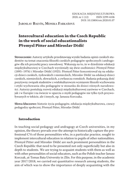 Intercultural Education in the Czech Republic in the Work of Social Educationalists Přemysl Pitter and Miroslav Dĕdič