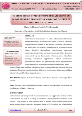 To Study Effect of Mometasone Furoate Cream on Blood Pressure, Blood Sugar and Blood Calcium in Healthy Volunteers