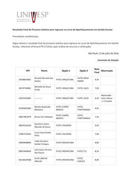 Resultado Final Do Processo Seletivo Para Ingresso No Curso De Aperfeiçoamento Em Gestão Escolar