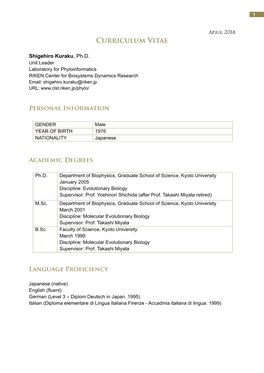 Curriculum Vitae – Shigehiro Kuraku