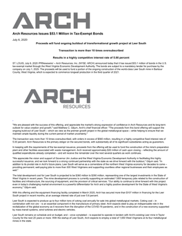 Arch Resources Issues $53.1 Million in Tax-Exempt Bonds