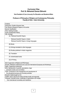 Curriculum Vitae Prof. Dr. Mohamed Osman Elkhosht