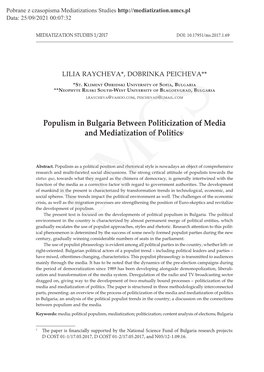 Populism in Bulgaria Between Politicization of Media and Mediatization of Politics1