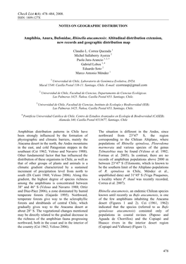 Amphibia, Anura, Bufonidae, Rhinella Atacamensis: Altitudinal Distribution Extension, New Records and Geographic Distribution Map