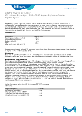 22091 Tryptic Soy Agar (Tryptone Soya Agar, TSA, CASO Agar, Soybean Casein Digest Agar)