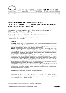 Haematological and Biochemical Studies on Justicia Carnea Leaves Extract in Phenylhydrazine Induced-Anemia in Albino Rats