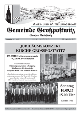 JUBILÄUMSKONZERT KIRCHE GROSSPOSTWITZ Sonntag 10.09