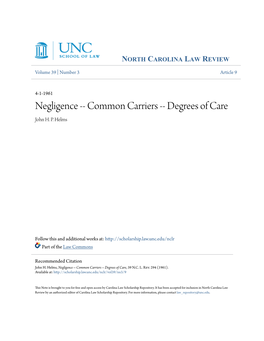 Common Carriers -- Degrees of Care John H