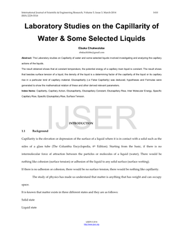 Laboratory Studies on the Capillarity of Water & Some Selected Liquids