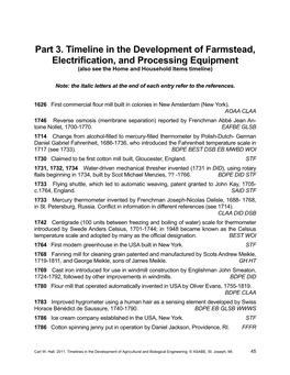 Part 3. Timeline in the Development of Farmstead, Electrification, and Processing Equipment (Also See the Home and Household Items Timeline)