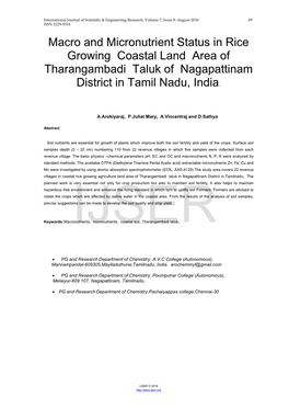 Macro and Micronutrient Status in Rice Growing Coastal Land Area of Tharangambadi Taluk of Nagapattinam District in Tamil Nadu, India