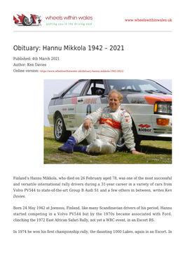 Obituary: Hannu Mikkola 1942 – 2021