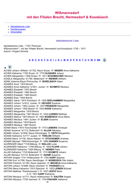 ABC-Listen Zu Familienbuch Rk. Wißmannsdorf Mit Brecht, Hermesdorf Und Koosbüsch 1739-1911