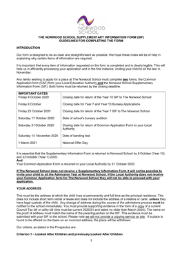 The Norwood School Supplementary Information Form (Sif) Guidelines for Completing the Form