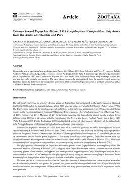 Two New Taxa of Euptychia Hübner, 1818 (Lepidoptera: Nymphalidae: Satyrinae) from the Andes of Colombia and Peru