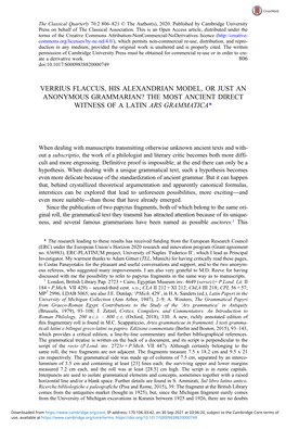 Verrius Flaccus, His Alexandrian Model, Or Just an Anonymous Grammarian? the Most Ancient Direct Witness of a Latin Ars Grammatica*