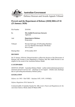 Prewett and the Department of Defence [2020] DHAAT 01 (23 January 2020)