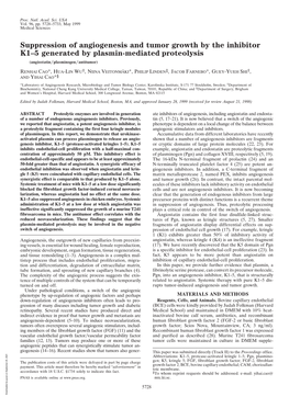 Suppression of Angiogenesis and Tumor Growth by the Inhibitor K1–5 Generated by Plasmin-Mediated Proteolysis (Angiostatin͞plasminogen͞antitumor)