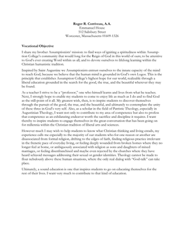 Roger R. Corriveau, A.A. Emmanuel House 512 Salisbury Street Worcester, Massachusetts 01609-1326 Vocational Objective I Share My