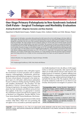 One-Stage Primary Palatoplasty in Non-Syndromic Isolated Cleft Palate