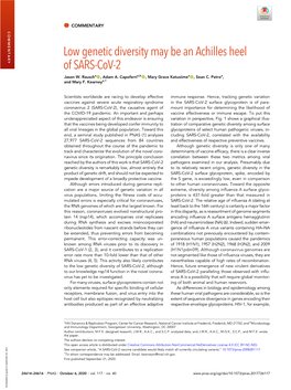 Low Genetic Diversity May Be an Achilles Heel of SARS-Cov-2 Jason W