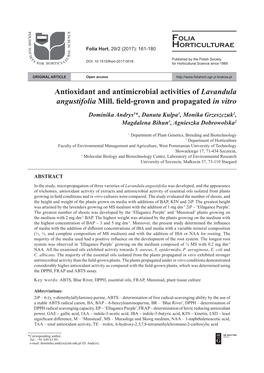 Antioxidant and Antimicrobial Activities of Lavandula Angustifolia Mill. Field-Grown and Propagatedin Vitro