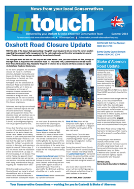 Oxshott Road Closure Update 0800 912 1700