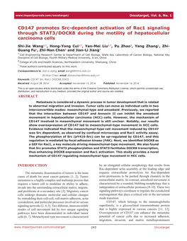 CD147 Promotes Src-Dependent Activation of Rac1 Signaling Through STAT3/DOCK8 During the Motility of Hepatocellular Carcinoma Cells