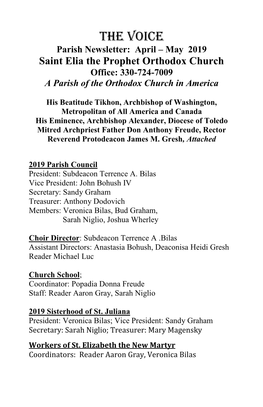 THE VOICE Parish Newsletter: April – May 2019 Saint Elia the Prophet Orthodox Church Office: 330-724-7009 a Parish of the Orthodox Church in America