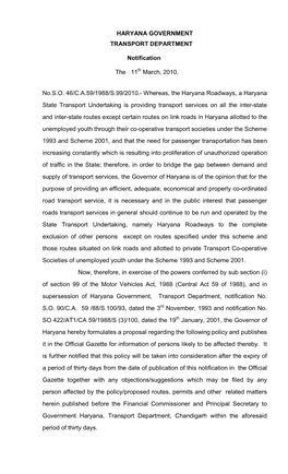 Haryana Government, Transport Department, Notification No