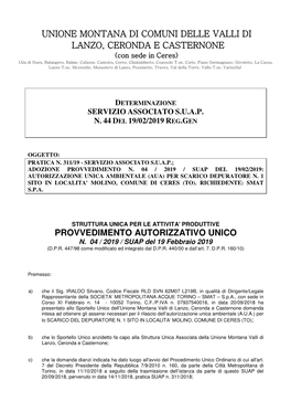 Unione Montana Di Comuni Delle Valli Di Lanzo, Ceronda E Casternone Provvedimento Autorizzativo Unico