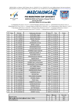 FIS MARATHON CUP 2010/2011 MARCIALONGA (Di Fiemme E Fassa) 70 Km C January 29, 2012 OFFICIAL RESULTS of 30 Best MEN