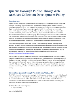 Queens Borough Public Library Web Archives Collection Development Policy