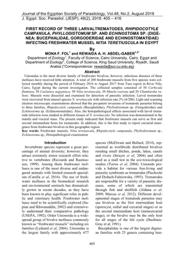 First Record of Three Larvaltrematodes, Rhipidocotyle Campanula, Phyllodistomum Sp