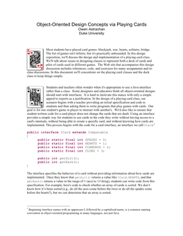 Object-Oriented Design Concepts Via Playing Cards Owen Astrachan Duke University