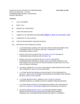 Ingham County Board of Commissioners January 22, 2019 Regular Meeting – 6:30 P.M